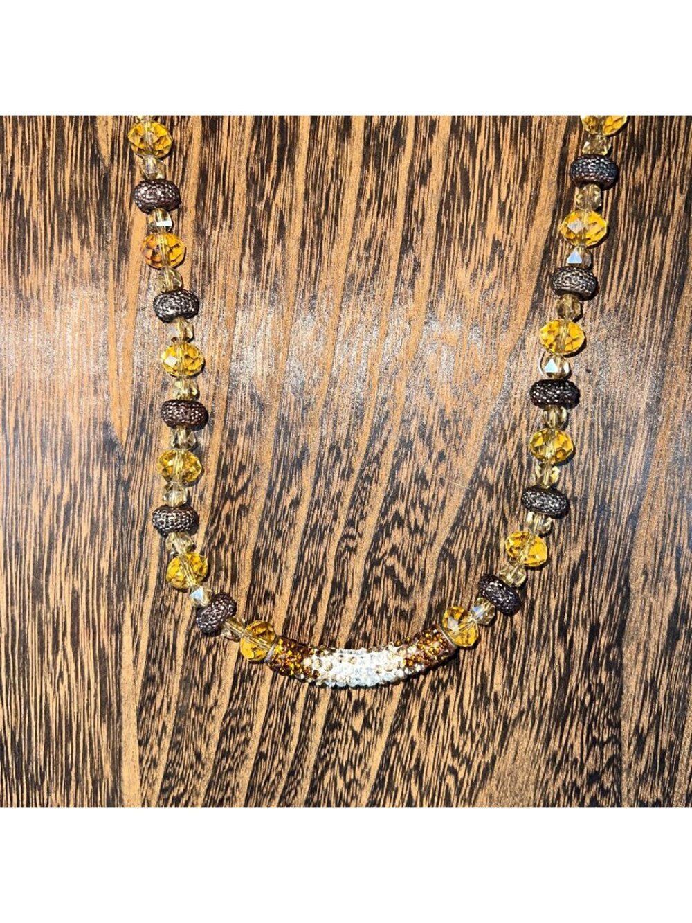 Gold & Brown Crystal Beaded Necklace With Rhinestone Accented Curved Pendant & L